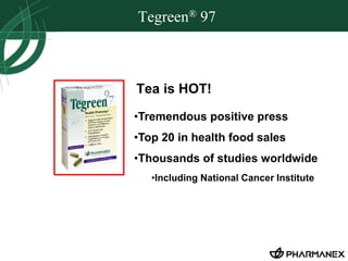 Tegreen® 97 
Tea is HOT! 
•Tremendous positive press 
•Top 20 in health food sales 
•Thousands of studies worldwide 
•Including National Cancer Institute 
 