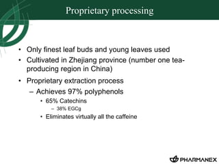 Proprietary processing 
• Only finest leaf buds and young leaves used 
• Cultivated in Zhejiang province (number one tea-producing 
region in China) 
• Proprietary extraction process 
– Achieves 97% polyphenols 
• 65% Catechins 
– 38% EGCg 
• Eliminates virtually all the caffeine 
 