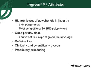 Tegreen® 97 Attributes 
• Highest levels of polyphenols in industry 
– 97% polyphenols 
– Most competitors: 50-65% polyphenols 
• Once per day dose 
– Equivalent to 7 cups of green tea beverage 
• Caffeine free 
• Clinically and scientifically proven 
• Proprietary processing 
 