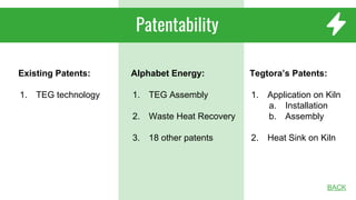 Patentability
Existing Patents:
1. TEG technology
Alphabet Energy:
1. TEG Assembly
2. Waste Heat Recovery
3. 18 other patents
Tegtora’s Patents:
1. Application on Kiln
a. Installation
b. Assembly
2. Heat Sink on Kiln
BACK
 
