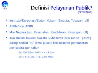 Definisi Pelayanan Publik?
[PP 96/2012]
•  Institusi/Korporasi/Badan Hukum [Swasta, Yayasan, dll]
•  APBN/non APBN
•  Misi Negara [ex. Kesehatan, Pendidikan, Keuangan, dll]
•  Jika Badan Hukum Swasta >>besaran nilai aktiva [aset]
paling sedikit 50 (lima puluh) kali besaran pendapatan
per kapita per tahun
Ex; PDB Tahun 2015 = 41.8 Juta
50 x 41.8 juta = Rp. 2,09 Miliar
 