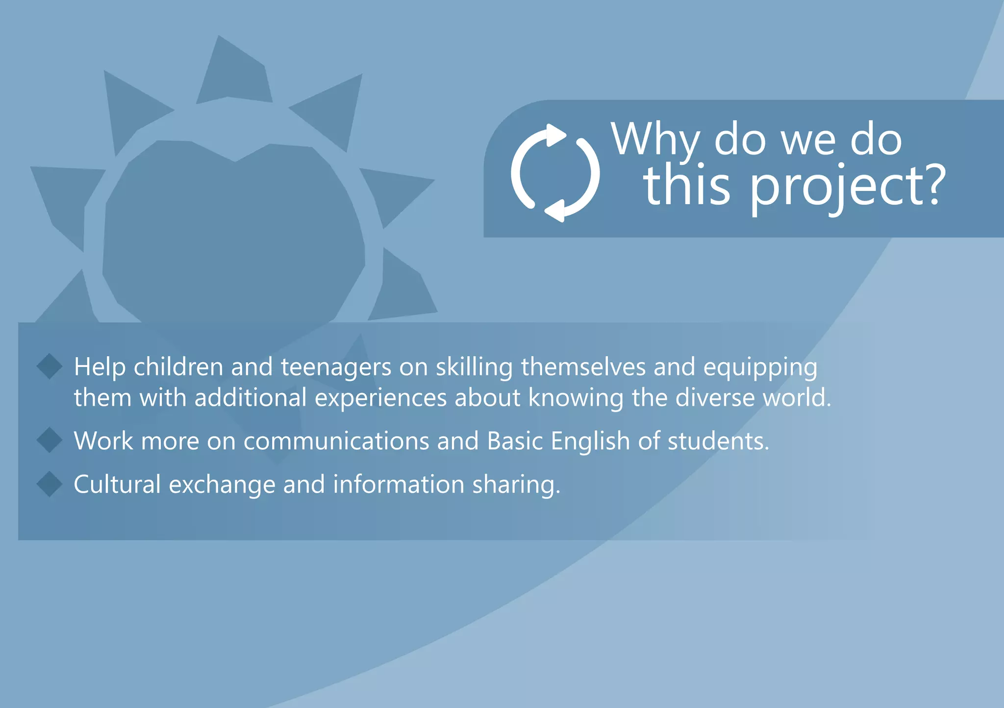 u
Why do we do
this project?
Help children and teenagers on skilling themselves and equipping
them with additional experiences about knowing the diverse world.
Work more on communications and Basic English of students.
Cultural exchange and information sharing.
u
u
 