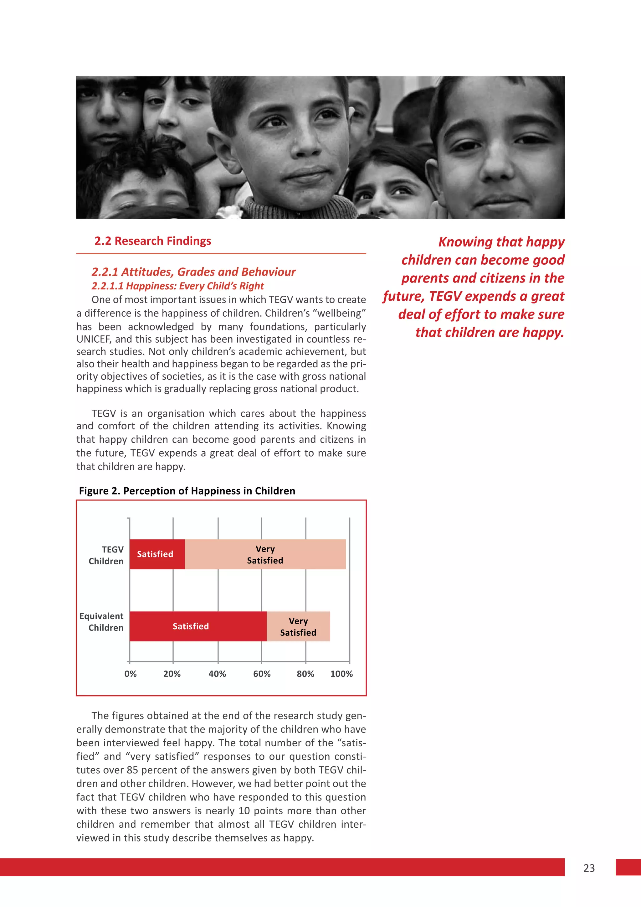 2.2 Research Findings                                                       Knowing that happy
                                                                          children can become good
   2.2.1 Attitudes, Grades and Behaviour
    2.2.1.1 Happiness: Every Child’s Right
                                                                          parents and citizens in the
    One of most important issues in which TEGV wants to create         future, TEGV expends a great
a difference is the happiness of children. Children’s “wellbeing”        deal of effort to make sure
has been acknowledged by many foundations, particularly
UNICEF, and this subject has been investigated in countless re-             that children are happy.
search studies. Not only children’s academic achievement, but
also their health and happiness began to be regarded as the pri-
ority objectives of societies, as it is the case with gross national
happiness which is gradually replacing gross national product.

   TEGV is an organisation which cares about the happiness
and comfort of the children attending its activities. Knowing
that happy children can become good parents and citizens in
the future, TEGV expends a great deal of effort to make sure
that children are happy.

Figure 2. Perception of Happiness in Children




     TEGV                                 Very
                  Satisfied
  Children                              Satisfied




Equivalent
                                                  Very
  Children                Satisfied
                                                Satisfied



             0%         20%       40%    60%        80%     100%



    The figures obtained at the end of the research study gen-
erally demonstrate that the majority of the children who have
been interviewed feel happy. The total number of the “satis-
fied” and “very satisfied” responses to our question consti-
tutes over 85 percent of the answers given by both TEGV chil-
dren and other children. However, we had better point out the
fact that TEGV children who have responded to this question
with these two answers is nearly 10 points more than other
children and remember that almost all TEGV children inter-
viewed in this study describe themselves as happy.

                                                                                                        23
 
