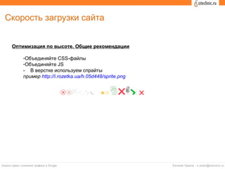 Скорость загрузки сайта
Оптимизация по высоте. Общие рекомендации
-Объединяйте CSS-файлы
-Объединяйте JS
- В верстке используем спрайты
пример http://i.rozetka.ua/h.05d448/sprite.png
 