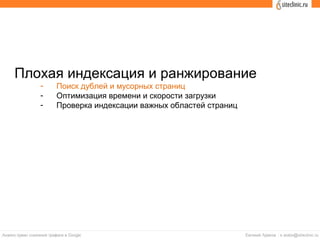 Плохая индексация и ранжирование
- Поиск дублей и мусорных страниц
- Оптимизация времени и скорости загрузки
- Проверка индексации важных областей страниц
 