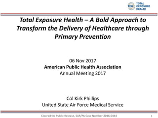 Total Exposure Health – A Bold Approach to
Transform the Delivery of Healthcare through
Primary Prevention
06 Nov 2017
American Public Health Association
Annual Meeting 2017
Col Kirk Phillips
United State Air Force Medical Service
1Cleared for Public Release, SAF/PA Case Number:2016-0444
 