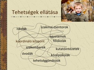 Tehetségek ellátása
óvodák
szakmai mentorokiskolák
koordináló központ
tehetséggondozók
egyetemek
főiskolák
kutatóintézetek
középiskolák
szakemberek
 