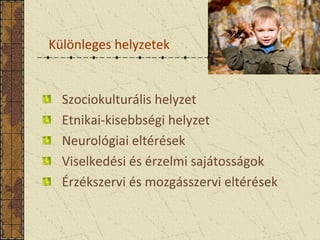 Különleges helyzetek
Szociokulturális helyzet
Etnikai-kisebbségi helyzet
Neurológiai eltérések
Viselkedési és érzelmi sajátosságok
Érzékszervi és mozgásszervi eltérések
 