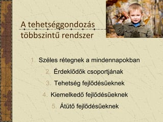 A tehetséggondozás
többszintű rendszer
1. Széles rétegnek a mindennapokban
2. Érdeklődők csoportjának
3. Tehetség fejlődésűeknek
4. Kiemelkedő fejlődésűeknek
5. Átütő fejlődésűeknek
 