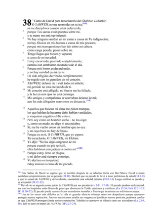 38
2
3
4
5
6
7
8
9
10
11

12

13
14
15
16

17
18

118

1

Canto de David para recordatorio del Shabbat, Lahazkir:
O YAHWEH, no me reprendas en tu ira,[118]
ni me disciplines cuando estás enfurecido,
porque Tus saetas están puestas sobre mí,
y tu mano me está oprimiendo.
No hay ninguna sanidad en mi carne a causa de Tu indignación;
no hay Shalom en mis huesos a causa de mis pecados;
porque mis transgresiones han ido sobre mi cabeza
como carga pesada, pesan sobre mí.
Tengo llagas que hieden y supuran
a causa de mi necedad.
Estoy encorvado, postrado completamente;
camino con semblante enlutado todo el día.
Porque mis lomos están ardiendo ,
y no hay sanidad en mi carne.
He sido afligido, derribado completamente;
he rugido con los gemidos de mi corazón.
YAHWEH, delante de ti está todo mi anhelo;
mi gemido no está escondido de ti.
Mi corazón está afligido, mi fuerza me ha fallado,
y la luz en mis ojos no está conmigo.
Mis amigos y compañeros se acercaban delante de mí;
aun los más allegados mantienen su distancia.[119]
Aquellos que buscan mi alma me ponen trampas,
los que hablan de hacerme daño hablan vanidades,
y maquinan engaños el día entero.
Pero soy como un hombre sordo – no los oigo;
y, como un mudo, no digo ni una palabra.
Sí, me he vuelto como un hombre que no oye
y en cuya boca no hay defensas.
Porque es en ti, O YAHWEH, que yo espero.
Tú escucharás, O YAHWEH, mi Elohim.
Yo dije: "No los dejes alegrarse de mí
porque cuando mi pie resbaló,
ellos hablaron con jactancia contra mí."[120]
Porque estoy lleno de plagas,
y mi dolor está siempre conmigo.
Yo declaro mi iniquidad,
estoy ansioso a causa de mi pecado.

Este Salmo de David se supone que lo escribió después de su relación ilícita con Bat÷Sheva, David expresó
verdadero arrepentimiento por su pecado (38.18). Declaró que su pecado lo llevó a tener problemas de salud (38.1–8)
y que lo separó de YAHWEH y de los demás, causándole una soledad extrema (38.9–14). Luego confesó su pecado y
se arrepintió (38.15–22).
119
David vio su angustia como juicio de YAHWEH por sus pecados (vv 2-11; 17-18). El pecado produce enfermedad,
por eso los hospitales están llenos de gente que aborrecen la Toráh, cristianos y católicos, (Ex 15:26; Hch 12.21–23;
1C 11.30–32). El pecado puede causar efectos secundarios mentales o físicos que ocasionan un sufrimiento mayor.
120
Una de las tareas más difíciles en la vida es guardar silencio mientras otros nos despedazan porque queremos
proteger nuestra reputación. Pero no necesitamos estallar en venganza ni justificar nuestra posición, podemos confiar
en que YAHWEH protegerá hasta nuestra reputación. Yahshúa se mantuvo en silencio ante sus acusadores (Lu 23.9,
10); dejó su caso en manos de YAHWEH (1P 2.21–24).

 