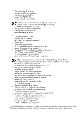 17

Dame una señal de tu favor,
para que aquellos que me odian,
vean y sean avergonzados,
porque Tú, O YAHWEH,
me has ayudado y confortado.

87
2
3

4

5

6
7

Un Canto de alabanza de los hijos de Koraj. Una canción:
Sobre el Monte Kadosh está el cimiento [de la ciudad].
YAHWEH ama las puertas de Tziyon
más que todas las moradas de Ya'akov.
Cosas gloriosas son dichas de ti,
O ciudad de Elohim. Selah

Yo cuento de Rahav y Bavel
entre los que me conocen;
de Pleshet, Tzor y Kush [ellos dirán]:
"El nació allí."
Pero de Tziyon será dicho:
"[es mi madre] éste y aquel que nacieron en ella,
porque el Altísimo mismo la fundó."
Cuando YAHWEH inscriba a los pueblos en el registro,
dirá: "Este príncipe nació allí."[263] Selah
La morada de aquellos dentro de ti,
[es como la morada] de aquellos que se regocijan.

88
2
3
4
5

6
7
8

9

263
264

1

1

Una canción. Un Canto de alabanza de los hijos de Koraj. Para el director.
Sobre "Enfermedad que Causa Sufrimiento." Un maskil de Heiman el Ezraji.
O YAHWEH, Elohim de mi salvación,
he clamado en el día y en la noche delante de Ti,[264]
deja que mis oraciones lleguen ante Ti,
¡vuelve tu oído a mi súplica!
Porque mi alma está llena de problemas,
que me han llevado al borde del Sheol.
Soy contado entre aquellos que descienden al abismo,
como un hombre que está apartado de la ayuda,
dejado solo entre los muertos,
como cadáveres que yacen en la tumba –
ya Tú no los recuerdas;
ellos son rechazados de tu mano.
Ellos me echaron en el abismo más profundo,
en lugares oscuros, y en la sombra de muerte.
Tu ira pesa duramente sobre mí;
tus olas rompiendo contra mí me mantienen abajo. Selah
Tú me separaste de mis amigos íntimos,
y ellos me ha hecho una abominación a ellos;
estoy enjaulado, sin ningún escape;
mis ojos se nublan de la pobreza.
Clamo a ti, O YAHWEH, todo el día;

Todos los Regenerados por la Sangre del Cordero, serán inscritos como habiendo nacido en Yerushalayim/Tziyon.
Este salmo nos habla que los hijos de YAHWEH son probados y pasados por fuego, resiste y saldrás limpio.

 