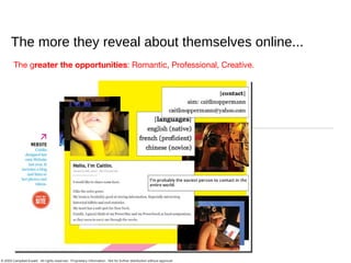 The more they reveal about themselves online... The g reater the opportunities : Romantic, Professional, Creative. 