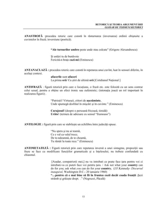 RETORICĂ ŞI TEORIA ARGUMENTĂRII
                                                                 GLOSAR DE TERMENI RETORICI


ANASTROFĂ :procedeu retoric care constă în răsturnarea (inversarea) ordinii obişnuite a
cuvintelor în frază; inversiune (poetică).


                      “Ale turnurilor umbre peste unde stau culcate” (Grigore Alexandrescu)

                      Şi astăzi tu de bunăvoie
                      Fericită-n braţe cazi-mi (Eminescu)


ANTANACLAZĂ : procedeu retoric care constă în repetarea unui cuvînt, luat în sensuri diferite, în
acelaşi context.
                 afacerile sunt afaceri
                 La prima oră/ Cu ştiri de ultimă oră [Cotidianul Naţional ]

ANTIFRAZĂ : figură retorică prin care o locuţiune, o frază etc. este folosită cu un sens contrar
celui uzual, pentru a obţine un efect ironic sau eufemistic; (intonaţia joacă un rol important în
realizarea figurii) .

                      “Patrioţii! Virtuoşii, ctitori de aşezăminte,
                      Unde spumegă desfrâul în mişcări şi în cuvinte.” (Eminescu)

                      Curajosul! (despre o persoană fricoasă, timidă)
                      Urâto! (termen de adresare cu sensul “frumoaso”)


ANTILOGIE : figură prin care se stabileşte un echilibru între judecăţi opuse.

                      “Nu spera şi nu ai teamă,
                      Ce e val ca valul trece;
                      De te-ndeamnă, de te cheamă,
                      Tu rămâi la toate rece.” (Eminescu)

ANTIMETATEZĂ : Figură retorică prin care repetarea inversă a unei sintagme, propoziţii sau
fraze se face cu modificare funcţiilor gramaticale şi a înţelesului; nu trebuie confundată cu
chiasmul.

                       [Asadar, compatriotii mei,] nu va intrebati ce poate face ţara pentru voi ci
                      intrebati-va ce puteti face voi pentru ţara. / Ask not what your country can
                      do for you; ask what you can do for your country. (J.F.Kennedy- Discursul
                      inaugural, Washington D.C.- 20 ianuarie 1960)
                      “…pentru că e mai bine să fii în fruntea cozii decât coada frunţii .Şezi
                      strâmb şi grăieşte drept. .” (Negruzzi, Păcală)




                                                53
 