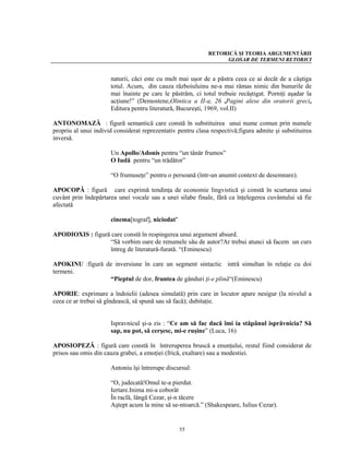 RETORICĂ ŞI TEORIA ARGUMENTĂRII
                                                                  GLOSAR DE TERMENI RETORICI


                      naturii, căci este cu mult mai uşor de a păstra ceea ce ai decât de a câştiga
                      totul. Acum, din cauza războiuluinu ne-a mai rămas nimic din bunurile de
                      mai înainte pe care le păstrăm, ci totul trebuie recâştigat. Porniţi aşadar la
                      acţiune!” (Demostene,Olintica a II-a, 26 ,Pagini alese din oratorii greci,
                      Editura pentru literatură, Bucureşti, 1969, vol.II)

ANTONOMAZĂ : figură semantică care constă în substituirea unui nume comun prin numele
propriu al unui individ considerat reprezentativ pentru clasa respectivă;figura admite şi substituirea
inversă.

                      Un Apollo/Adonis pentru “un tânăr frumos”
                      O Iudă pentru “un trădător”

                      “O frumuseţe” pentru o persoană (într-un anumit context de desemnare).

APOCOPĂ : figură care exprimă tendinţa de economie lingvistică şi constă în scurtarea unui
cuvânt prin îndepărtarea unei vocale sau a unei silabe finale, fără ca înţelegerea cuvântului să fie
afectată

                      cinema[tograf], niciodat’

APODIOXIS : figură care constă în respingerea unui argument absurd.
                  “Să vorbim oare de renumele său de autor?Ar trebui atunci să facem un curs
                  întreg de literatură-furată. “(Eminescu)

APOKINU :figură de inversiune în care un segment sintactic intră simultan în relaţie cu doi
termeni.
                 “Pieptul de dor, fruntea de gânduri ţi-e plină“(Eminescu)

APORIE: exprimare a îndoielii (adesea simulată) prin care in locutor apare nesigur (la nivelul a
ceea ce ar trebui să gîndească, să spună sau să facă); dubitaţie.


                      Ispravnicul şi-a zis : “Ce am să fac dacă îmi ia stăpânul isprăvnicia? Să
                      sap, nu pot, să cerşesc, mi-e ruşine” (Luca, 16)

APOSIOPEZĂ : figură care constă în întreruperea bruscă a enunţului, restul fiind considerat de
prisos sau omis din cauza grabei, a emoţiei (frică, exaltare) sau a modestiei.

                      Antoniu îşi întrerupe discursul:

                      “O, judecată!Omul te-a pierdut.
                      Iertare.Inima mi-a coborât
                      În raclă, lângă Cezar, şi-n tăcere
                      Aştept acum la mine să se-ntoarcă.” (Shakespeare, Iulius Cezar).


                                                  55
 