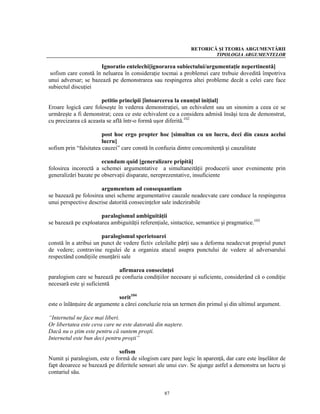 RETORICĂ ŞI TEORIA ARGUMENTĂRII
                                                                      TIPOLOGIA ARGUMENTELOR

                      Ignoratio entelechi[ignorarea subiectului/argumentaţie nepertinentă]
 sofism care constă în neluarea în consideraţie tocmai a problemei care trebuie dovedită împotriva
unui adversar; se bazează pe demonstrarea sau respingerea altei probleme decât a celei care face
subiectul discuţiei

                       petitio principii [întoarcerea la enunţul iniţial]
Eroare logică care foloseşte în vederea demonstraţiei, un echivalent sau un sinonim a ceea ce se
urmăreşte a fi demonstrat; ceea ce este echivalent cu a considera admisă însăşi teza de demonstrat,
cu precizarea că aceasta se află într-o formă uşor diferită.102

                        post hoc ergo propter hoc [simultan cu un lucru, deci din cauza acelui
                        lucru]
sofism prin “falsitatea cauzei” care constă în confuzia dintre concomitenţă şi cauzalitate

                       ecundum quid [generalizare pripită]
folosirea incorectă a schemei argumentative a simultaneităţii producerii unor evenimente prin
generalizări bazate pe observaţii disparate, nereprezentative, insuficiente

                      argumentum ad consequantiam
se bazează pe folosirea unei scheme argumentative cauzale neadecvate care conduce la respingerea
unui perspective descrise datorită consecinţelor sale indezirabile

                      paralogismul ambiguităţii
se bazează pe exploatarea ambiguităţii referenţiale, sintactice, semantice şi pragmatice.103

                       paralogismul sperietoarei
constă în a atribui un punct de vedere fictiv celeilalte părţi sau a deforma neadecvat propriul punct
de vedere; contravine regulei de a organiza atacul asupra punctului de vedere al adversarului
respectând condiţiile enunţării sale

                             afirmarea consecinţei
paralogism care se bazează pe confuzia condiţiilor necesare şi suficiente, considerând că o condiţie
necesară este şi suficientă

                              sorit104
este o înlănţuire de argumente a cărei concluzie reia un termen din primul şi din ultimul argument.

“Internetul ne face mai liberi.
Or libertatea este ceva care ne este datorată din naştere.
Dacă nu o ştim este pentru că suntem proşti.
Internetul este bun deci pentru proşti”

                              sofism
Numit şi paralogism, este o formă de silogism care pare logic în aparenţă, dar care este înşelător de
fapt deoarece se bazează pe diferitele sensuri ale unui cuv. Se ajunge astfel a demonstra un lucru şi
contariul său.


                                                  87
 