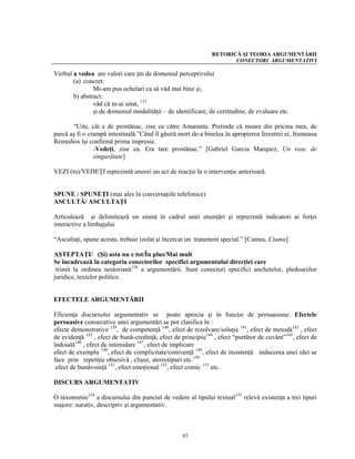 RETORICĂ ŞI TEORIA ARGUMENTĂRII
                                                                      CONECTORI ARGUMENTATIVI

Verbul a vedea are valori care ţin de domeniul perceptivului
       (a) concret:
               Mi-am pus ochelari ca să văd mai bine şi,
       b) abstract:
               văd că m-ai uitat, 137
               şi de domeniul modalităţii – de identificare, de certitudine, de evaluare etc.

       “Uite, cât e de prostănac, zise ea către Amaranta. Pretinde că moare din pricina mea, de
parcă aş fi o crampă intestinală.”Când îl găsiră mort de-a binelea în apropierea ferestrei ei, frumoasa
Remedios îşi confirmă prima impresie.
                -Vedeţi, zise ea. Era tare prostănac.” [Gabriel Garcia Marquez, Un veac de
                singurătate]

VEZI (tu)/VEDEŢI reprezintă uneori un act de reacţie la o intervenţie anterioară.


SPUNE / SPUNEŢI (mai ales în conversaţiile telefonice)
ASCULTĂ/ ASCULTAŢI

Articulează şi delimitează un enunţ în cadrul unei enunţări şi reprezintă indicatori ai forţei
interactive a limbajului

“Ascultaţi, spune acesta, trebuie izolat şi încercat un tratament special.” [Camus, Ciuma]

AŞTEPTAŢI/ (Şi) asta nu e tot/În plus/Mai mult
Se încadrează în categoria conectorilor specifici argumentului direcţiei care
 trimit la ordinea nestoriană138 a argumentării. Sunt conectori specifici anchetelor, pledoariilor
juridice, textelor politice.


EFECTELE ARGUMENTĂRII

Eficienţa discursului argumentativ se poate aprecia şi în funcţie de persuasiune. Efectele
persuasive consecutive unei argumentări se pot clasifica în :
efecte demonstrative 139, de competenţă 140, efect de rezolvare/soluţie 141, efect de metodă142 , efect
de evidenţă 143 , efect de bună-credinţă, efect de principiu144 , efect “purtător de cuvânt”145, efect de
îndoială146 , efect de intimidare 147, efect de implicare
efect de exemplu 148, efect de complicitate/conivenţă 149, efect de insistenţă inducerea unei idei se
face prin repetiţie obsesivă , clişee, stereotipuri etc.150
 efect de bunăvoinţă 151, efect emoţional 152, efect comic 153 etc.

DISCURS ARGUMENTATIV

O taxonomie154 a discursului din punctul de vedere al tipului textual155 relevă existenţa a trei tipuri
majore: narativ, descriptiv şi argumentativ.



                                                   97
 