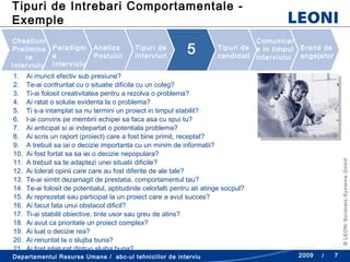 Tipuri de Intrebari  Comportamentale - Exemple Ai muncit efectiv sub presiune? Te-ai confruntat cu o situatie dificila cu un coleg? Ti-ai folosit creativitatea pentru a rezolva o problema? Ai ratat o solutie evidenta la o problema? Ti s-a intamplat  sa  nu  termini un proiect in timp ul stabilit ? I-ai convins pe membrii echipei sa faca asa cu spui tu? Ai anticipat si ai indepartat o potentiala problema? Ai scris un raport (proiect) care a fost bine primit, receptat? A trebuit sa iai o decizie importanta cu un minim de informatii? Ai fost fortat sa sa iei o decizie nepopulara? A trebuit sa te adaptezi unei situatii dificile? Ai tolerat opinii care care au fost diferite de ale tale? Te-ai simtit dezamagit de prestatia, comportamentul tau? Te-ai folosit de potentialul, aptitudinile celorlalti pentru ati atinge socpul? Ai reprezetat sau participat la un proiect care a avut succes? Ai facut fata unui obstacol dificil? Ti-ai stabilit obiective, tinte usor sau greu de atins? Ai avut ca prioritate un proiect complex? Ai luat o decizie rea? Ai renuntat la o slujba buna? Ai fost inlaturat dintr-o slujba buna? Chestiuni Preliminare Interviului  Paradigma Interviului Analiza Postului Tipuri de Interviuri  5  Tipuri de candidati  Comunicare in timpul interviului Brand de angajator 