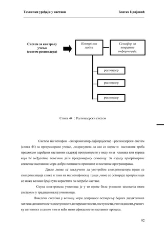 Технички уређаји у настави
Златко Цвијовић
_________________________________________________________________________

Контролни
модул

Систем за контролу
учења
(систем респондера)

Семафор за
повратне
информације.

респондер

респондер

респондер

Слика 44 : Респондерски систем

Систем магнетофон –синхронизатор-дијапројектор –респондерски систем
(слика 44) за програмирано учење, ,подразумева да ако се користи наставник треба
предходно одређени наставнии садржај програмирати у виду низа чланака или корака
који ће међусобно повезани дати програмирану секвенцу. За израду програмиране
секвенце наставник мора добро познавати принципе и постипке програмирања.
Дакле ,може се закључити да употребом синхронизатора врши се
синхронизација слике и тона на магнетофонској траци ,чиме се остварује програм који
се може велики број пута користити за потребе наставе.
Скупа електронска учионица је у то време била успешно замењена овим
системом у традиционалој учионоици.
Наведени системи у великој мери доприносе остварењу бојних дидактичких
захтева:динамичности,поступности,интересантности,поступости,очигледности,ученич
ку активност а самим тим и већи ниво ефикасности наставног процеса.
82

 