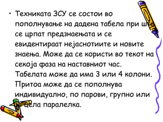 • Техниката ЗСУ се состои во
пополнување на дадена табела при што
се црпат предзнаењата и се
евидентираат нејаснотиите и новите
знаења. Може да се користи во текот на
секоја фаза на наставниот час.
Табелата може да има 3 или 4 колони.
Притоа може да се пополнува
индивидуално, по парови, групно или
за цела пaралелка.
 
