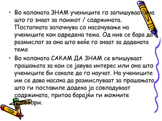 • Во колоната ЗНАМ учениците го запишуваат она
што го знаат за поимот / содржината.
Постапката започнува со насочување на
учениците кон одредена тема. Од нив се бара да
размислат за она што веќе го знаат за дадената
тема
• Во колоната САКАМ ДА ЗНАМ се впишуваат
прашањата за кои се јавува интерес или она што
учениците би сакале да го научат. На учениците
им се дава насока да размислуваат за прашањата
што ги поставиле додека ја совладуваат
содржината, притоа барајќи ги можните
одговори.
 