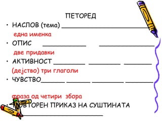 ПЕТОРЕД
• НАСЛОВ (тема) ______________________
една именка
• ОПИС ___________ ______________
две придавки
• АКТИВНОСТ ________ ________ _______
(дејство) три глаголи
• ЧУВСТВО______ ______ ________ _______
фраза од четири збора
• ПОВТОРЕН ПРИКАЗ НА СУШТИНАТА
_______________________
 