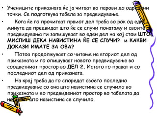 • Учениците приказната ќе ја читаат во парови до одредени
точки. Се подготвува табела за предвидување.
• Кога ќе го прочитаат првиот дел треба во рок од една
минута да предвидат што ќе се случи понатаму и своите
предвидувања ги запишуваат во еден дел на кој стои ШТО
МИСЛИШ ДЕКА НАВИСТИНА ЌЕ СЕ СЛУЧИ? и КАКВИ
ДОКАЗИ ИМАТЕ ЗА ОВА?
• Потоа продолжуваат со читање на вториот дел од
приказната и го опишуваат новото предвидување во
соодветниот простор во ДЕЛ 2. Истото го прават и со
последниот дел од приказната.
• На крај треба да го споредат своето последно
предвидување со она што навистина се случило во
приказната и во предвидениот простор во табелата да
напишат што навистина се случило.
 