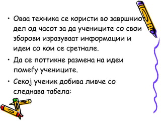 • Оваа техника се користи во завршниот
дел од часот за да учениците со свои
зборови изразуваат информации и
идеи со кои се сретнале.
• Да се поттикне размена на идеи
помеѓу учениците.
• Секој ученик добива ливче со
следнава табела:
 