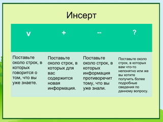 Инсерт
      v                +                --                ?


Поставьте        Поставьте        Поставьте        Поставьте около
около строк, в   около строк, в   около строк, в   строк, в которых
которых          которых для      которых          вам что-то
                                                   непонятно или же
говорится о      вас              информация       вы хотите
том, что вы      содержится       противоречит     получить более
уже знаете.      новая            тому, что вы     подробные
                 информация.      уже знали.       сведения по
                                                   данному вопросу.
 