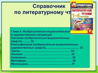 Справочник
   по литературному чтению


Глава 4. Изобразительно-выразительные средства
в художественной литературе
Значение изобразительно-выразительных
средств........... 52
Классификация изобразительно-выразительных
художественных средств............................................. 53
Тропы .................................................................. 54
Эпитет ............................................................... 55
Сравнение............................................................. 55
Метафора ............................................................ 56
Метонимия.......................................................... 57
 