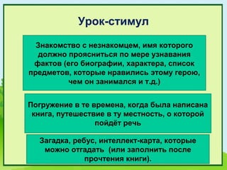 Урок-стимул

  Знакомство с незнакомцем, имя которого
  должно проясниться по мере узнавания
 фактов (его биографии, характера, список
предметов, которые нравились этому герою,
         чем он занимался и т.д.)


Погружение в те времена, когда была написана
 книга, путешествие в ту местность, о которой
                 пойдёт речь

  Загадка, ребус, интеллект-карта, которые
   можно отгадать (или заполнить после
              прочтения книги).
 