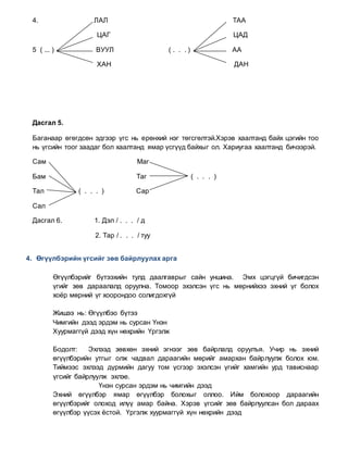 4. ЛАЛ ТАА
ЦАГ ЦАД
5 ( ... ) ВУУЛ ( . . . ) АА
ХАН ДАН
Дасгал 5.
Баганаар өгөгдсөн эдгээр үгс нь ерөнхий нэг төгсгөлтэй.Хэрэв хаалтанд байх цэгийн тоо
нь үгсийн тоог заадаг бол хаалтанд ямар үсгүүд байхыг ол. Хариугаа хаалтанд бичээрэй.
Сам Маг
Бам Таг ( . . . )
Тал ( . . . ) Сар
Сал
Дасгал 6. 1. Дэл / . . . / д
2. Тар / . . . / туу
4. Өгүүлбэрийн үгсийг зөв байрлуулах арга
Өгүүлбэрийг бүтээхийн тулд даалгаврыг сайн уншина. Эмх цэгцгүй бичигдсэн
үгийг зөв дараалалд оруулна. Томоор эхэлсэн үгс нь мөрнийхээ эхний үг болох
хоёр мөрний үг хоорондоо солигдохгүй
Жишээ нь: Өгүүлбэо бүтээ
Чимгийн дээд эрдэм нь сурсан Үнэн
Хуурмаггүй дээд хүн нөхрийн Үргэлж
Бодолт: Эхлээд зөвхөн эхний эгнээг зөв байрлалд оруулъя. Учир нь эхний
өгүүлбэрийн утгыг олж чадвал дараагийн мөрийг амархан байрлуулж болох юм.
Тиймээс эхлээд дүрмийн дагуу том үсгээр эхэлсэн үгийг хамгийн урд тависнаар
үгсийг байрлуулж эхлэе.
Үнэн сурсан эрдэм нь чимгийн дээд
Эхний өгүүлбэр ямар өгүүлбэр болохыг оллоо. Ийм болохоор дараагийн
өгүүлбэрийг олоход илүү амар байна. Хэрэв үгсийг зөв байрлуулсан бол дараах
өгүүлбэр үүсэх ёстой. Үргэлж хуурмаггүй хүн нөхрийн дээд
 