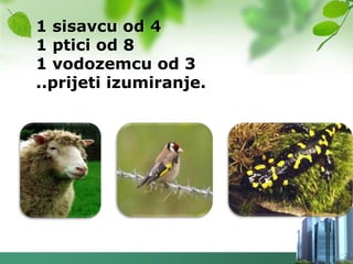 1 sisavcu od 4
1 ptici od 8
1 vodozemcu od 3
..prijeti izumiranje.
 