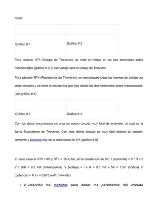 /font>
Gráfico # 1 ǲáfico # 2
Para obtener VTh (Voltaje de Thevenin), se mide el voltaje en los dos terminales antes
mencionados (gráfico # 3) y ese voltaje será el voltaje de Thevenin
Para obtener RTh (Resistencia de Thevenin), se reemplazan todas las fuentes de voltaje por
corto circuitos y se mide la resistencia que hay desde los dos terminales antes mencionados.
(ver gráfico # 4)
Gráfico # 3 Gráfico # 4
Con los datos encontrados se crea un nuevo circuito muy fácil de entender, al cual se le
llama Equivalente de Thevenin. Con este último circuito es muy fácil obtener la tensión,
corriente y potencia hay en la resistencia de 5 K (gráfico # 5)
En este caso el VTh = 6V y RTh = 15 K Así, en la resistencia de 5K: I (corriente) = V / R = 6
V / 20K = 0.3 mA (miliamperios) V (voltaje) = I x R = 0.3 mA x 5K = 1.5V. (voltios) P
(potencia) = P x I = 0.675 mW (miliwatts)
• 2. Describir los métodos para hallar los parámetros del circuito
 