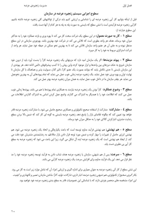 ١٠ 
 
‫اول‬ ‫ﻓﺼﻞ‬ ‫زﻧﺠﻴﺮه‬ ‫ﻣﺪﻳﺮﻳﺖ‬‫ﻋﺮﺿﻪ‬ ‫ي‬ 
‫ﺳﺎزﻣﺎن‬ ‫در‬ ‫ﻋﺮﺿﻪ‬ ‫زﻧﺠﻴﺮه‬ ‫ﺳﻴﺴﺘﻢ‬ ‫اﺟﺮاﻳﻲ‬ ‫ﺳﻄﻮح‬
‫ﻋﺮﺿﻪ‬ ‫زﻧﺠﻴﺮه‬ ‫آﻳﻲ‬ ‫ﻛﺎر‬ ‫ﺑﺘﻮاﻧﻴﻢ‬ ‫اﻳﻨﻜﻪ‬ ‫از‬ ‫ﻗﺒﻞ‬‫ﺑﺎ‬ ‫ﻛﻨﻴﻢ‬ ‫ارزﻳﺎﺑﻲ‬ ‫و‬ ‫ﺷﻨﺎﺳﺎﻳﻲ‬ ‫را‬ ‫اي‬‫ﻳﺪ‬‫درﻛ‬‫ﻲ‬‫ﺑﺎﺷﻴﻢ‬ ‫داﺷﺘﻪ‬ ‫ﻋﺮﺿﻪ‬ ‫زﻧﺠﻴﺮه‬ ‫ﻛﻠﻲ‬ ‫ﺗﻮاﻧﺎﺋﻴﻬﺎي‬ ‫از‬.
‫ﺑﻪ‬ ‫ﭘﻠﻪ‬ ‫ﺻﻮرت‬ ‫ﺑﻪ‬ ‫ﺑﺎﻳﺴﺘﻲ‬ ‫ﻛﻪ‬ ‫ﺳﻄﺢ‬ ‫ﺷﺶ‬ ‫ﺑﺎ‬ ‫اﺳﺖ‬ ‫ﻓﺮآﻳﻨﺪي‬ ‫ﻋﺮﺿﻪ‬ ‫زﻧﺠﻴﺮه‬ ‫ﻛﺎرآﻳﻲ‬‫ﺑﻪ‬ ‫ﭘﻠﻪ‬‫ﻳﺎﻓﺖ‬ ‫دﺳﺖ‬ ‫آﻧﻬﺎ‬ ‫از‬ ‫ﻛﺪام‬ ‫ﻫﺮ‬.
‫از‬ ‫ﻋﺒﺎرﺗﻨﺪ‬ ‫ﺳﻄﻮح‬ ‫اﻳﻦ‬:
‫ﺳﻄﺢ‬1-‫ﻣﻌﻤﻮل‬ ‫ﺻﻮرت‬ ‫ﺑﻪ‬ ‫ﻛﺎر‬:‫ﺳﻄﺢ‬ ‫اﻳﻦ‬ ‫در‬،‫ﺗﺎ‬ ‫ﻛﻨﺪ‬ ‫ﻣﻲ‬ ‫ﻛﺎر‬ ‫ﺳﺨﺖ‬ ‫ﺷﺮﻛﺖ‬ ‫ﻳﻚ‬‫ﺑﺎزده‬ ‫و‬ ‫وري‬ ‫ﺑﻬﺮه‬‫ﺣﺪاﻛﺜﺮ‬ ‫ﺑﻪ‬ ‫را‬ ‫ﺧﻮد‬ ‫ﻋﻤﻠﻜﺮد‬
‫ﺑﺮﺳﺎﻧﺪ‬ ‫ﺧﻮد‬ ‫ﻣﻴﺰان‬.‫واﺣ‬ ‫ﻫﺮ‬ ‫ﻫﺪف‬‫ﺑﺎﺷﺪ‬ ‫ﺑﻬﺘﺮﻳﻦ‬ ‫ﺧﻮد‬ ‫ﺷﺮﻛﺖ‬ ‫در‬ ‫ﻛﻨﺪ‬ ‫ﻣﻲ‬ ‫ﺗﻼش‬ ‫ﻛﻪ‬ ‫اﺳﺖ‬ ‫ﺑﻄﻮري‬ ‫ﺪ‬.‫ﺑﻬﺮه‬‫ﺳﺎزﻣﺎﻧﻲ‬ ‫وري‬‫در‬‫ﺳﻄﺢ‬ ‫اﻳﻦ‬
‫ﺳﺎزﻣﺎن‬ ‫واﺣﺪ‬ ‫ﻋﻀﻮ‬ ‫ﻫﺮ‬ ‫آن‬ ‫ﺟﺎي‬ ‫ﺑﻪ‬ ‫و‬ ‫ﻧﺒﻮده‬ ‫ﻣﺪﻧﻈﺮ‬‫ﻧﻤﺎﻳﺪ‬ ‫ﻋﻤﻞ‬ ‫ﺧﻮد‬ ‫ﺣﻴﻄﻪ‬ ‫در‬ ‫ﻣﻤﻜﻦ‬ ‫ﻧﺤﻮ‬ ‫ﺑﻬﺘﺮﻳﻦ‬ ‫ﺑﻪ‬ ‫ﺗﺎ‬ ‫ﻛﻨﺪ‬ ‫ﻣﻲ‬ ‫ﺗﻼش‬.‫از‬ ‫واﺣﺪ‬ ‫ﻫﺮ‬
‫اﺳﺘﺮاﺗ‬ ‫ﺷﺮﻛﺖ‬‫ﮋ‬‫ﻛﺎر‬ ‫ﺑﻪ‬ ‫را‬ ‫ﺧﻮد‬ ‫ﺑﻪ‬ ‫ﻣﺮﺑﻮط‬ ‫ي‬‫ﻣﻴ‬‫ﺒﺮد‬. 
 
‫ﺳﻄﺢ‬2-‫ﭘﻴﻮﻧﺪ‬‫ﻣﺰﻳﺖ‬‫ﻫﺎ‬:‫ﻛﺎرآ‬ ‫ﻋﺮﺿﻪ‬ ‫زﻧﺠﻴﺮه‬ ‫ﻳﻚ‬ ‫ﻣﺰﻳﺘﻬﺎي‬ ‫ﻛﻪ‬ ‫دارد‬ ‫اﻣﻴﺪ‬ ‫ﺳﺎزﻣﺎن‬ ‫ﻳﻚ‬ ‫اﮔﺮ‬‫را‬‫آورد‬ ‫ﺑﺪﺳﺖ‬‫ﺧﻮد‬ ‫درون‬ ‫از‬ ‫ﺑﺎﻳﺪ‬
‫واﺣﺪﻫﺎ‬ ‫ﺑﻴﻦ‬ ‫ﻣﺮزﻫﺎي‬ ‫ﺣﺬف‬ ‫ﺑﻪ‬ ‫ﺷﺮوع‬ ‫ﺳﺎزﻣﺎن‬‫ﻣﻮﺟﻮد‬ ‫اﺑﺰار‬ ‫و‬‫ﻛﺮ‬‫دﻫﺪ‬ ‫اداﻣﻪ‬ ‫داﺋﻤﻲ‬ ‫ﭘﻴﺸﺮﻓﺘﻬﺎي‬ ‫ﻛﺴﺐ‬ ‫ﺗﺎ‬ ‫را‬ ‫روش‬ ‫واﻳﻦ‬ ‫ده‬.‫از‬ ‫ﭘﻴﻮﻧﺪي‬ ‫ﻫﺮ‬
‫ﺑﺼﻮر‬ ‫ﺑﺘﻮاﻧﻨﺪ‬ ‫ﻛﻪ‬ ‫ﻳﺎﺑﻨﺪ‬ ‫ﺗﻜﺎﻣﻞ‬ ‫ﺣﺪي‬ ‫ﺗﺎ‬ ‫ﺑﺎﻳﺴﺘﻲ‬ ‫ﺳﺎزﻣﺎن‬ ‫اﻳﻦ‬‫ﺗﺎ‬ ‫ﺳﺎزﻣﺎن‬ ‫ﻛﻞ‬ ‫ﺑﺎ‬ ‫ﻫﻤﺎﻫﻨﮓ‬ ‫و‬ ‫ﭘﺬﻳﺮ‬ ‫ﻣﺴﻮﻟﻴﺖ‬ ،‫ﮔﺬار‬ ‫ﺗﺎﺛﻴﺮ‬ ،‫ﻛﺎرآ‬ ‫ﻋﻀﻮ‬ ‫ﻳﻚ‬ ‫ت‬
‫ﻧﻬﺎﻳﺖ‬‫وري‬ ‫ﺑﻬﺮه‬ ‫و‬ ‫ﺗﻮان‬‫ﺧﻮد‬‫ﻧﻤﺎﻳﺪ‬ ‫ﻋﻤﻞ‬.‫ﺗ‬ ‫ﻛﻪ‬ ‫ﻧﻤﺎﻳﺪ‬ ‫ﻣﻲ‬ ‫ﻋﻤﻞ‬ ‫ﺧﻮب‬ ‫زﻣﺎﻧﻲ‬ ‫ﻋﺮﺿﻪ‬ ‫زﻧﺠﻴﺮه‬ ‫ﻳﻚ‬‫ﻤﺎم‬‫ﻧﺤﻮﻋﻤﻞ‬ ‫ﺑﻬﺘﺮﻳﻦ‬ ‫ﺑﻪ‬ ‫آن‬ ‫ﭘﻴﻮﻧﺪﻫﺎي‬
‫ﻣﻲ‬‫ﻧﻤﺎﻳﺪ‬.،‫ﻧﻤﺎﻳﺪ‬ ‫ﻋﻤﻞ‬ ‫ﺧﻮب‬ ‫داﺧﻞ‬ ‫در‬ ‫ﻣﺎ‬ ‫ﺳﺎزﻣﺎن‬ ‫ﭼﻘﺪر‬ ‫ﻫﺮ‬‫ﻋﺮﺿﻪ‬ ‫زﻧﺠﻴﺮه‬ ‫ﻣﻴﺰان‬ ‫ﻫﻤﺎن‬ ‫ﺑﻪ‬‫ﻛﻨﺪ‬ ‫ﻣﻲ‬ ‫ﻋﻤﻞ‬ ‫ﺑﻬﺘﺮ‬.
‫ﺳﻄﺢ‬3-‫ﻋﻤﻠﻜﺮد‬ ‫وﺿﻮح‬:‫ﺑﺎﺷﺪ‬ ‫ﻣﻲ‬ ‫ﻫﻢ‬ ‫ﺑﺎ‬ ‫ﭘﻴﻮﻧﺪﻫﺎ‬ ‫ﺗﻤﺎم‬ ‫ﻫﻤﻜﺎري‬ ‫ﺑﻪ‬ ‫ﻧﻴﺎزﻣﻨﺪ‬ ‫ﻋﺮﺿﻪ‬ ‫زﻧﺠﻴﺮه‬ ‫ﻳﻚ‬ ‫ﺑﻮدن‬ ‫ﻛﺎرآ‬.‫ﺧﻮب‬ ‫زﻣﺎﻧﻲ‬ ‫ﭘﻴﻮﻧﺪﻫﺎ‬
‫ﮔﺬارﻧﺪ‬ ‫ﻣﻲ‬ ‫اﺷﺘﺮاك‬ ‫ﺑﻪ‬ ‫ﻫﻤﺪﻳﮕﺮ‬ ‫ﺑﺎ‬ ‫را‬ ‫ﺧﻮد‬ ‫اﻃﻼﻋﺖ‬ ‫ﻛﻪ‬ ‫ﻛﻨﻨﺪ‬ ‫ﻣﻲ‬ ‫ﻋﻤﻞ‬.‫ﻣﻲ‬ ‫اﻃﻼﻋﺎت‬ ‫ﮔﺬاردن‬ ‫اﺷﺘﺮاك‬ ‫ﺑﻪ‬ ‫اﺳﺎس‬ ‫ﻛﺮدن‬ ‫ﻋﻤﻞ‬ ‫واﺿﺢ‬
‫ﺑﺎﺷﺪ‬.
‫ﺳﻄﺢ‬4-‫ﻣﺸﺎرﻛ‬‫ﺖ‬:‫ﺗﻜﻨﻮﻟﻮژ‬ ‫ﺻﺤﻴﺢ‬ ‫اﺳﺘﻔﺎده‬ ‫از‬ ‫ﻣﺸﺎرﻛﺖ‬‫ي‬‫ﻫﻤﻜﺎري‬ ‫و‬‫ﺻﺤﻴﺢ‬‫ﺷﻮد‬ ‫ﻣﻲ‬ ‫ﺣﺎﺻﻞ‬.‫ﻣﺸﺎرﻛﺖ‬ ‫ﺑﺎ‬،‫ﻗﺎدر‬ ‫ﻋﺮﺿﻪ‬ ‫زﻧﺠﻴﺮه‬
‫دﻫﺪ‬ ‫ﭘﺎﺳﺦ‬ ‫را‬ ‫ﺑﺎزار‬ ‫ﺗﻘﺎﺿﺎي‬ ‫ﭼﮕﻮﻧﻪ‬ ‫ﻛﻪ‬ ‫ﻛﻨﺪ‬ ‫ﺗﻌﻴﻴﻦ‬ ‫ﺑﻮد‬ ‫ﺧﻮاﻫﺪ‬.‫ﺑ‬ ‫ﺑﺎﻳﺴﺘﻲ‬ ‫ﻋﺮﺿﻪ‬ ‫زﻧﺠﻴﺮه‬‫ﻪ‬‫ﺳﻄﺢ‬ ‫ﺑﺮدن‬ ‫ﺑﺎﻻ‬ ‫ﺿﻤﻦ‬ ‫ﻛﻪ‬ ‫ﻛﻨﺪ‬ ‫ﻛﺎر‬ ‫اي‬ ‫ﮔﻮﻧﻪ‬
‫ﻣﺸﺘﺮي‬ ‫رﺿﺎﻳﺖ‬،‫اﻧﺒﺎر‬‫ﻛﺎﻻي‬ ‫ﻛﺮدن‬‫ﺣﺪاﻗﻞ‬ ‫ﺑﻪ‬ ‫را‬ ‫ﺧﻮد‬‫ﻣﻴﺰان‬‫ﺧﻮد‬‫ﺑﺮﺳﺎﻧﺪ‬.
‫ﺳﻄﺢ‬5-‫ﻧﻬ‬ ‫ﻫﻢ‬‫ﺸ‬‫ﺘﻲ‬:‫ﻧﻬ‬ ‫ﻫﻢ‬‫ﺸ‬‫ﺷﻮد‬ ‫ﻣﻲ‬ ‫ﻋﺮﺿﻪ‬ ‫زﻧﺠﻴﺮه‬ ‫ﻳﻚ‬ ‫اﺗﺤﺎد‬ ‫و‬ ‫ﻳﻜﭙﺎرﭼﮕﻲ‬ ‫ﺑﺎﻋﺚ‬ ‫ﻛﻪ‬ ‫اﺳﺖ‬ ‫ﺗﻮﺳﻌﻪ‬ ‫ﻣﺪاوم‬ ‫ﻓﺮآﻳﻨﺪ‬ ‫ﺘﻲ‬.‫ﻫﻢ‬
‫ﻧ‬‫ﻬﺸ‬‫ﺑﺎزار‬ ‫دادن‬ ‫ﻗﺮار‬ ‫ﺗﻮﺟﻪ‬ ‫ﻣﻮرد‬ ‫ﺿﻤﻦ‬ ‫و‬ ‫ﻛﺮده‬ ‫ﻣﻬﺎر‬ ‫را‬ ‫ﺗﻐﻴﻴﺮات‬ ‫از‬ ‫ﺣﺎﺻﻞ‬ ‫اﻧﺮژي‬ ‫ﺘﻲ‬‫ﻣﺘﻼﻃﻢ‬،‫ﻣﻲ‬ ‫دﻗﺖ‬ ‫ﺧﻮد‬ ‫ﻣﺸﺘﺮﻳﺎن‬ ‫رﺿﺎﻳﺘﻤﻨﺪي‬ ‫ﺑﻪ‬
‫ﻛﻨﺪ‬.‫از‬‫اﻳﺠﺎد‬‫ﻧ‬ ‫ﻫﻢ‬‫ﻬﺸ‬‫زﻧﺠﻴﺮه‬ ‫ﻳﻚ‬ ‫ﻛﻪ‬ ‫اﺳﺖ‬ ‫ﺘﻲ‬‫آل‬ ‫اﻳﺪه‬ ‫ﻋﺮﺿﻪ‬‫ﮔﻴﺮد‬ ‫ﻣﻲ‬ ‫ﺷﻜﻞ‬.‫ﺳﻄﺢ‬ ‫ﺑﻪ‬ ‫ﻋﺮﺿﻪ‬ ‫زﻧﺠﻴﺮه‬ ‫ﻛﻪ‬ ‫ﺷﻮد‬ ‫ﻣﻲ‬ ‫ﺑﺎﻋﺚ‬ ‫اﻳﻦ‬ ‫زﻳﺮا‬
‫ﻳﺎﺑﺪ‬ ‫دﺳﺖ‬ ‫ﻧﻈﻴﺮي‬ ‫ﺑﻲ‬ ‫آﻳﻲ‬ ‫ﻛﺎر‬. 
‫ﺳﻄﺢ‬6-‫ﺳﺮﻋﺖ‬:‫ﻧﺸﻬﺘﻲ‬ ‫ﻫﻢ‬ ‫از‬ ‫ﭘﺲ‬،‫دادن‬ ‫ﺷﺘﺎب‬ ‫ﻫﺪف‬ ‫ﻋﺮﺿﻪ‬ ‫زﻧﺠﻴﺮه‬ ‫ﻳﺎ‬ ‫ﺳﺎزﻣﺎن‬‫ﺧﻮد‬ ‫ﻋﺮﺿﻪ‬ ‫زﻧﺠﻴﺮه‬ ‫ﺗﻮﺳﻌﻪ‬ ‫ﻓﺮآﻳﻨﺪ‬ ‫ﺑﻪ‬‫ﻣﺪ‬ ‫را‬
‫دﻫﺪ‬ ‫ﻣﻲ‬ ‫ﻗﺮار‬ ‫ﻧﻈﺮ‬.‫ﻓﺮآ‬ ‫ﻳﻚ‬ ‫اﻳﻦ‬‫ﺑﺎﺷﺪ‬ ‫ﻣﻲ‬ ‫ﻛﺎرآﻳﻲ‬ ‫ﻋﺮﺿﻪ‬ ‫زﻧﺠﻴﺮه‬ ‫ﻳﻚ‬ ‫ﺳﺮﻋﺖ‬ ‫اﻓﺰاﻳﺶ‬ ‫ﺑﺮاي‬ ‫ﻣﺪاوم‬ ‫ﻳﻨﺪ‬. 
‫ﺑ‬ ‫ﻋﺮﺿﻪ‬ ‫زﻧﺠﻴﺮه‬ ‫آﺋﻲ‬ ‫ﻛﺎر‬ ‫از‬ ‫ﺳﻄﺢ‬ ‫ﺷﺶ‬ ‫اﻳﻦ‬‫ﻪ‬‫اﺟﺰاء‬ ‫ارزﻳﺎﺑﻲ‬ ‫و‬ ‫ﮔﻴﺮي‬ ‫اﻧﺪازه‬ ‫ﺑﺮاي‬ ‫ﻣﻌﻴﺎري‬ ‫ﻋﻨﻮان‬‫اﺳﺖ‬ ‫زﻳﺮ‬ ‫ﻣﻮارد‬ ‫ﺷﺎﻣﻞ‬ ‫ﻛﻪ‬ ‫آن‬‫رود‬ ‫ﻣﻲ‬ ‫ﻛﺎر‬ ‫ﺑﻪ‬.
،‫ﺗﺪارﻛﺎت‬ ،‫داري‬ ‫اﻧﺒﺎر‬ ،‫ﻋﺮﺿﻪ‬ ‫زﻧﺠﻴﺮه‬ ‫ﻧﺸﻬﺘﻲ‬ ‫ﻫﻢ‬ ،‫ﺗﻜﻨﻮﻟﻮژي‬ ‫از‬ ‫ﺻﺤﻴﺢ‬ ‫ﮔﻴﺮي‬ ‫ﺑﻜﺎر‬‫ﻛﺎرآ‬ ،‫ﺗﻮﻟﻴﺪ‬‫ﺳﺎزﻣﺎن‬ ‫ﺳﺎﺧﺘﻦ‬،‫ﻛﻴﻔﻴﺖ‬ ‫و‬ ‫ﻧﮕﻬﺪاري‬ ‫و‬ ‫ﺗﻌﻤﻴﺮ‬.
‫ﺑﻮد‬ ‫ﺧﻮاﻫﻴﺪ‬ ‫ﺧﻮد‬ ‫ﻋﺮﺿﻪ‬ ‫زﻧﺠﻴﺮه‬ ‫ﺑﻨﺪي‬ ‫ﺳﻄﺢ‬ ‫ﺑﻪ‬ ‫ﻗﺎدر‬ ‫ﺧﺼﻮﺻﻴﺎت‬ ‫اﻳﻦ‬ ‫ﺷﻨﺎﺳﺎﺋﻲ‬ ‫ﺑﺎ‬ ‫ﻛﻪ‬ ‫دارﻧﺪ‬ ‫ﺑﻔﺮدي‬ ‫ﻣﻨﺤﺼﺮ‬ ‫ﻫﺎي‬ ‫ﻣﺸﺨﺼﻪ‬ ‫اﺟﺰاء‬ ‫اﻳﻦ‬.
 