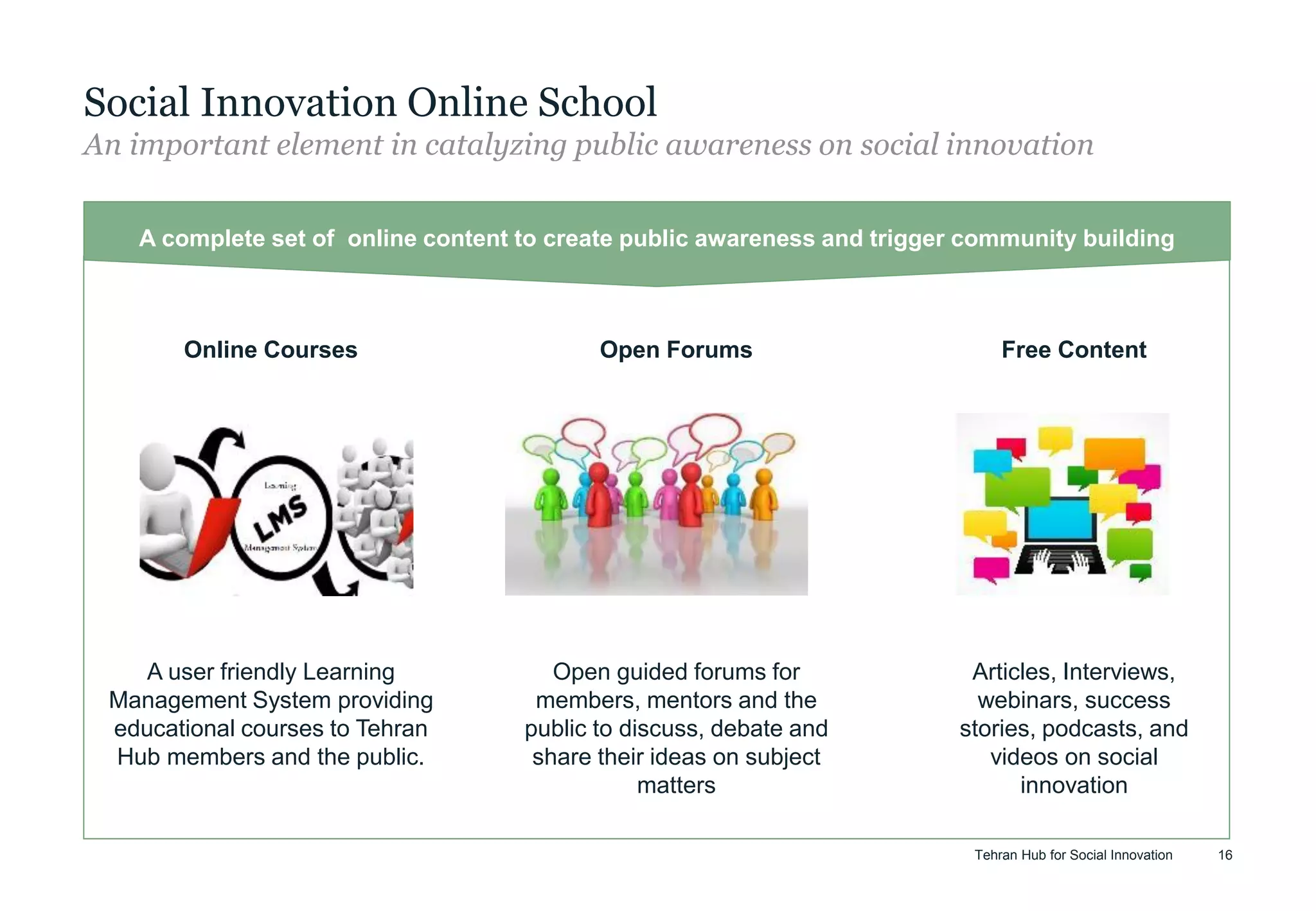 Tehran Hub for Social Innovation 16
Social Innovation Online School
An important element in catalyzing public awareness on social innovation
Online Courses Open Forums Free Content
A complete set of online content to create public awareness and trigger community building
A user friendly Learning
Management System providing
educational courses to Tehran
Hub members and the public.
Open guided forums for
members, mentors and the
public to discuss, debate and
share their ideas on subject
matters
Articles, Interviews,
webinars, success
stories, podcasts, and
videos on social
innovation
 