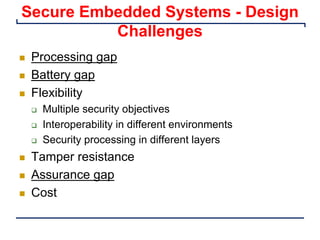 Secure Embedded Systems - Design
Challenges
n Processing gap
n Battery gap
n Flexibility
q Multiple security objectives
q Interoperability in different environments
q Security processing in different layers
n Tamper resistance
n Assurance gap
n Cost
 