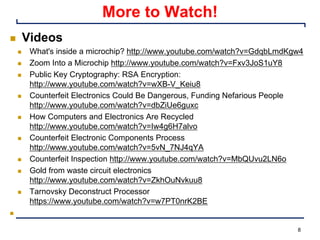 8
More to Watch!
n Videos
n What's inside a microchip? http://www.youtube.com/watch?v=GdqbLmdKgw4
n Zoom Into a Microchip http://www.youtube.com/watch?v=Fxv3JoS1uY8
n Public Key Cryptography: RSA Encryption:
http://www.youtube.com/watch?v=wXB-V_Keiu8
n Counterfeit Electronics Could Be Dangerous, Funding Nefarious People
http://www.youtube.com/watch?v=dbZiUe6guxc
n How Computers and Electronics Are Recycled
http://www.youtube.com/watch?v=Iw4g6H7alvo
n Counterfeit Electronic Components Process
http://www.youtube.com/watch?v=5vN_7NJ4qYA
n Counterfeit Inspection http://www.youtube.com/watch?v=MbQUvu2LN6o
n Gold from waste circuit electronics
http://www.youtube.com/watch?v=ZkhOuNvkuu8
n Tarnovsky Deconstruct Processor
https://www.youtube.com/watch?v=w7PT0nrK2BE
n
 