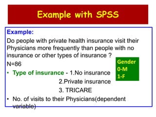 Example with SPSS
Example:
Do people with private health insurance visit their
Physicians more frequently than people with no
insurance or other types of insurance ?
N=86
• Type of insurance - 1.No insurance
2.Private insurance
3. TRICARE
• No. of visits to their Physicians(dependent
variable)
Gender
0-M
1-F
 