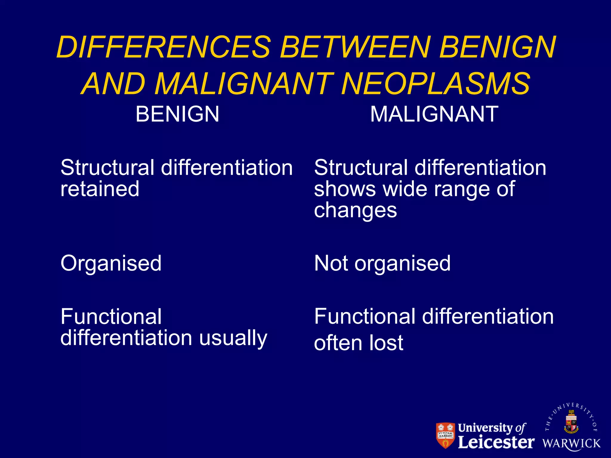 BENIGN
Structural differentiation
retained
Organised
Functional
differentiation usually
MALIGNANT
Structural differentiation
shows wide range of
changes
Not organised
Functional differentiation
often lost
DIFFERENCES BETWEEN BENIGN
AND MALIGNANT NEOPLASMS
 