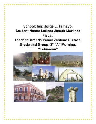 School: Ing: Jorge L. Tamayo.
 Student Name: Larissa Janeth Martinez
                Fiscal.
Teacher: Brenda Yamel Zenteno Buitron.
   Grade and Group: 3° “A” Morning.
              “Tehuacan”




                                         1
 