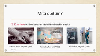 Mitä opittiin?
2. Kuuntele – silloin voidaan käsitellä vaikeitakin aiheita.
1.6.2021
Tehy-lehti
Eettinen stressi, Tehy-lehti 2/2021 Vanhustyö, Tehy-lehti 4/2021 Työvaatteet, Tehy-lehti 5/2021
 