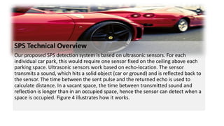 SPS Technical Overview
Our proposed SPS detection system is based on ultrasonic sensors. For each
individual car park, this would require one sensor fixed on the ceiling above each
parking space. Ultrasonic sensors work based on echo-location. The sensor
transmits a sound, which hits a solid object (car or ground) and is reflected back to
the sensor. The time between the sent pulse and the returned echo is used to
calculate distance. In a vacant space, the time between transmitted sound and
reflection is longer than in an occupied space, hence the sensor can detect when a
space is occupied. Figure 4 illustrates how it works.
 