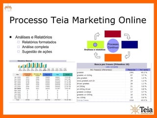 Processo Teia Marketing Online Análises e Relatórios Relatórios formatados Análise completa Sugestão de ações Processo Contínuo Análises e relatótios 