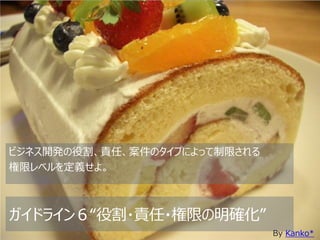 ビジネス開発の役割、責任、案件のタイプによって制限される
権限レベルを定義せよ。



ガイドライン６“役割・責任・権限の明確化”
                               By Kanko*
 