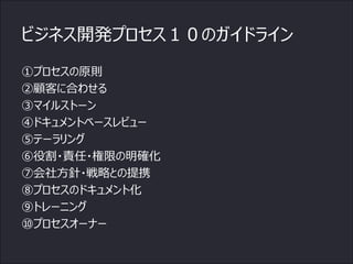 ビジネス開発プロセス１０のガイドライン
①プロセスの原則
②顧客に合わせる
③マイルストーン
④ドキュメントベースレビュー
⑤テーラリング
⑥役割・責任・権限の明確化
⑦会社方針・戦略との提携
⑧プロセスのドキュメント化
⑨トレーニング
⑩プロセスオーナー
 