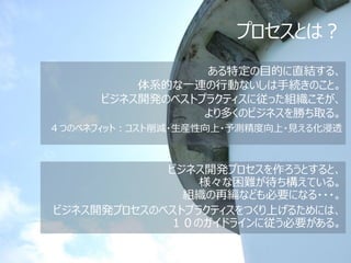 プロセスとは？
                 ある特定の目的に直結する、
          体系的な一連の行動ないしは手続きのこと。
      ビジネス開発のベストプラクティスに従った組織こそが、
                 より多くのビジネスを勝ち取る。
４つのベネフィット：コスト削減・生産性向上・予測精度向上・見える化浸透



            ビジネス開発プロセスを作ろうとすると、
                様々な困難が待ち構えている。
              組織の再編なども必要になる・・・。
ビジネス開発プロセスのベストプラクティスをつくり上げるためには、
            １０のガイドラインに従う必要がある。
 