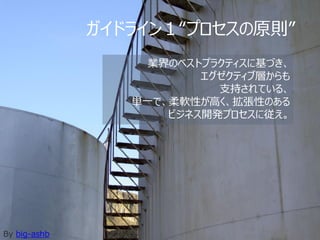 ガイドライン１“プロセスの原則”
                   業界のベストプラクティスに基づき、
                         エグゼクティブ層からも
                           支持されている、
                 単一で、柔軟性が高く、拡張性のある
                     ビジネス開発プロセスに従え。




By big-ashb
 