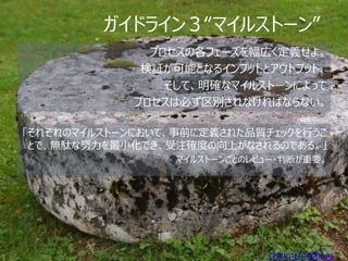 ガイドライン３“マイルストーン”
               プロセスの各フェーズを幅広く定義せよ。
              検証が可能となるインプットとアウトプット、
                 そして、明確なマイルストーンによって
             プロセスは必ず区別されなければならない。

「それぞれのマイルストーンにおいて、事前に定義された品質チェックを行うこ
 とで、無駄な努力を最小化でき、受注確度の向上がなされるのである。」
                 • マイルストーンごとのレビュー・判断が重要。




                             By chelmsfordblue
 