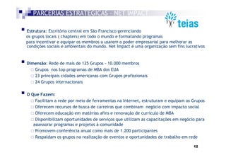 PARCERIAS ESTRATÉGICAS – NET IMPACT

Estrutura: Escritório central em São Francisco gerenciando
os grupos locais ( chapters) em todo o mundo e formatando programas
para incentivar e equipar os membros a usarem o poder empresarial para melhorar as
condições sociais e ambientais do mundo. Net Impact é uma organização sem fins lucrativos


Dimensão: Rede de mais de 125 Grupos - 10.000 membros
   Grupos nos top programas de MBA dos EUA
   23 principais cidades americanas com Grupos profissionais
   24 Grupos internacionais

O Que Fazem:
    Facilitam a rede por meio de ferramentas na Internet, estruturam e equipam os Grupos
    Oferecem recursos de busca de carreiras que combinam negócio com impacto social
    Oferecem educação em matérias afins e renovação de currículo de MBA
    Disponibilizam oportunidades de serviços que utilizam as capacitações em negócio para
   assessorar programas e projetos à comunidade
    Promovem conferência anual como mais de 1.200 participantes
    Respaldam os grupos na realização de eventos e oportunidades de trabalho em rede

                                                                                   12
 