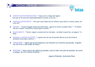NOSSAS CRENÇAS


 SONHAR COM RESPONSABILIDADE: “ Tudo corre e chega tão ligeiro;
será que se há lume de responsabilidade? Se sonha; já se fez...”

UNIÃO DE CONHECIMENTO: “ Por que é que todos não se reúnem, para sofrer e vencer juntos, de
uma vez?”

OUSADIA : “ O que ninguém ainda não tinha feito, a gente se sentia no poder fazer.” “ O melhor
não sou, oxente, mas porfio no que quero e prezo...”

PLANEJAMENTO: “ Versar viagem a cavalo sem ter estradas – só doido é quem faz, ou jagunz.” G.
Rosa

MUDANÇA A PARTIR DE DENTRO: “ A gente tem de sair do sertão! Mas só se sai do sertão é
tomando conta dele a dentro...”

TENACIDADE: “ Agora que já principiamos e já andamos um caminho tão grande, ninguém
nos faz virar e nem andar de fasto.”


REALISMO: “ Uma coisa é por idéias arranjadas, outra é lidar com país de pessoas, de carne
e sangue, de mil-e-tantas misérias...”

                                                Jagunço Riobaldo, Guimarães Rosa
 